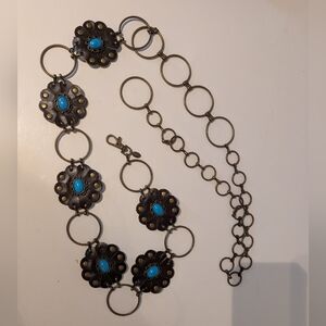 Western Belt Faux Turquoise Chain Belt, leather Flower.